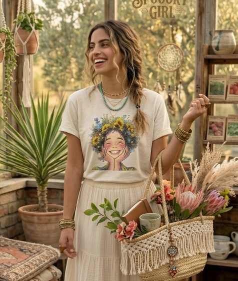 Camiseta oversize de algodón en look casual natural happy blanca