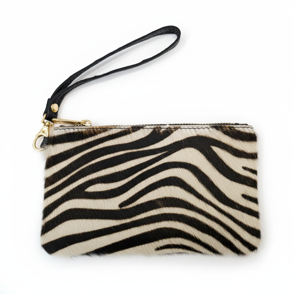 Cartera de piel de potro con asa de muñeca y cremallera