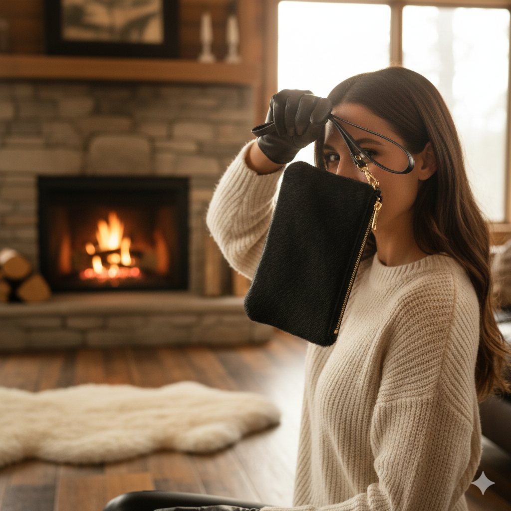 Cartera de piel de potro con asa de muñeca y cremallera