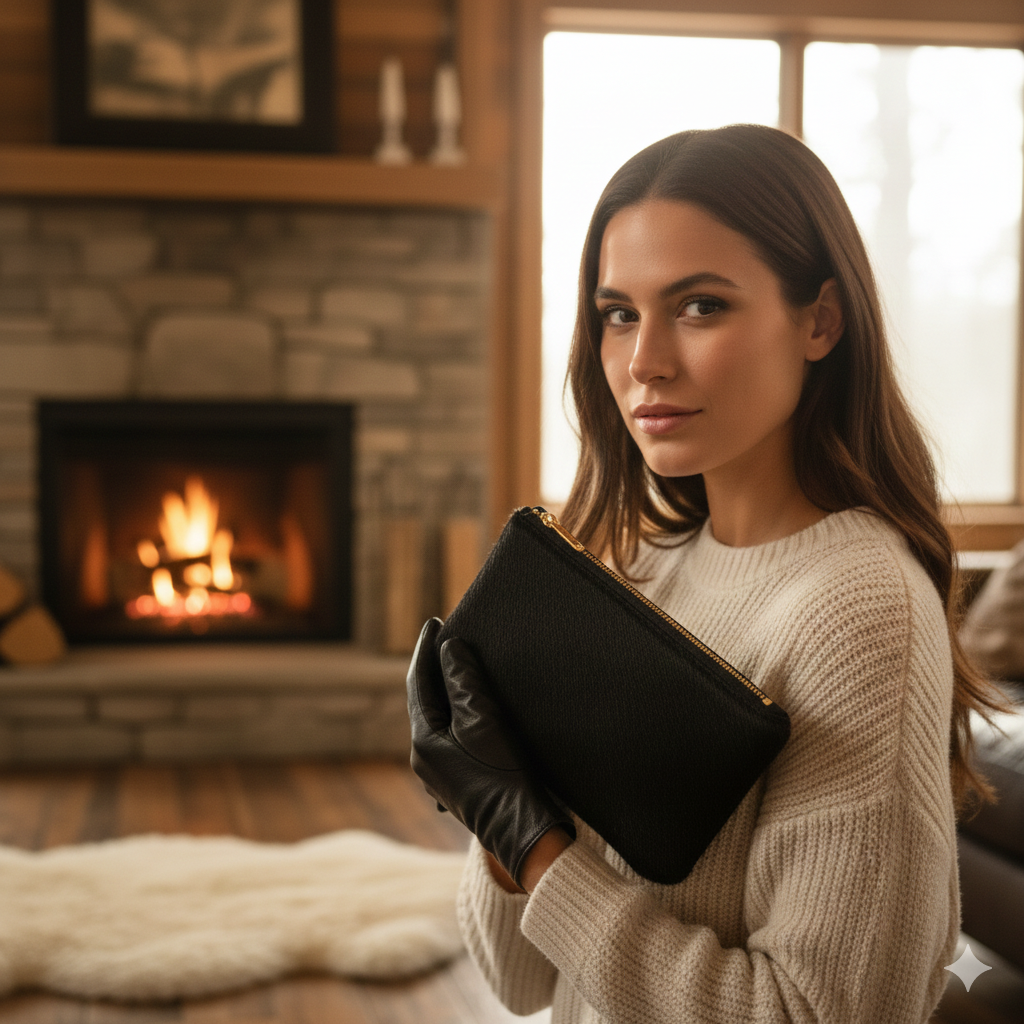 Cartera de piel de potro con asa de muñeca y cremallera