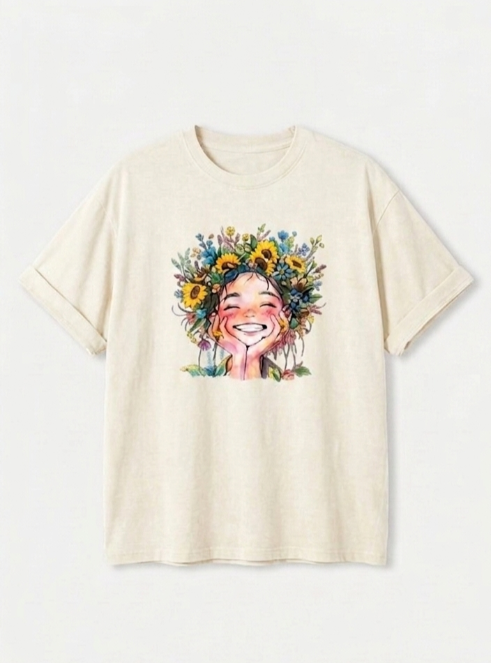 Camiseta oversize de algodón con estampado happy blanco