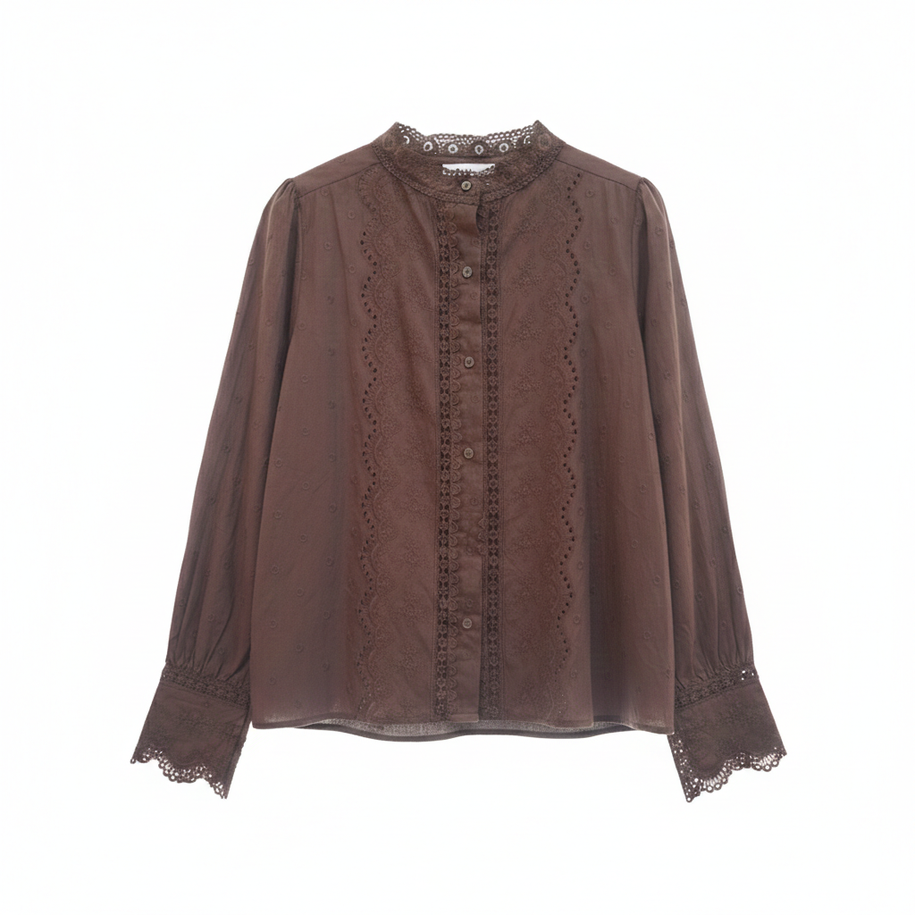 Blusa romántica de algodón 100% chocolate con encajes