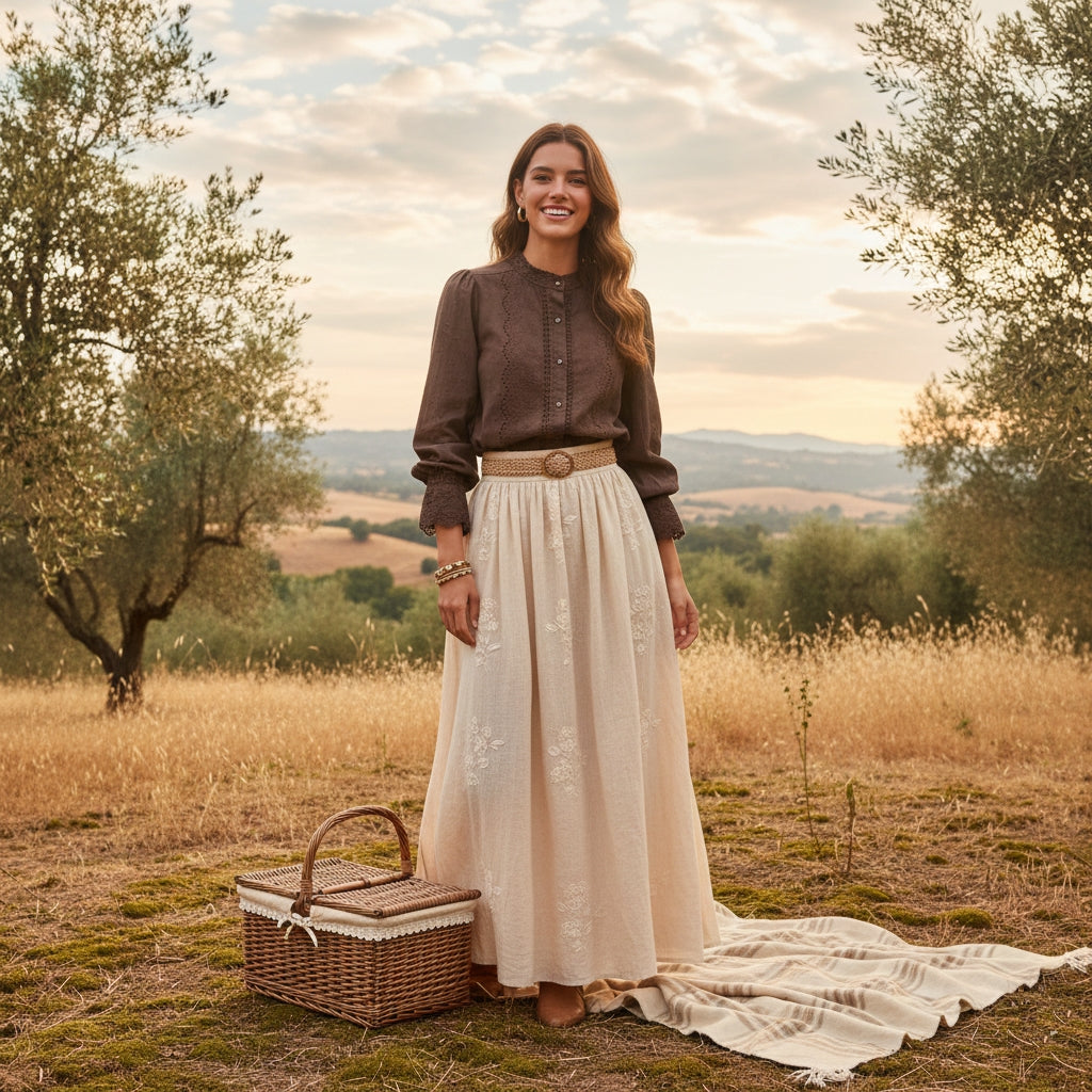 Blusa romántica de algodón 100% chocolate con encajes