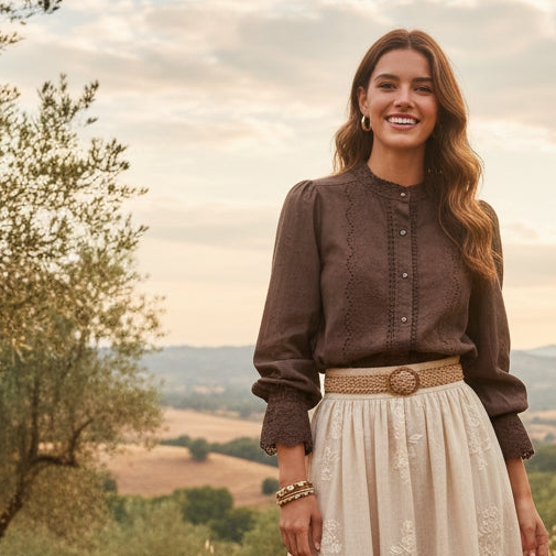 Blusa romántica de algodón 100% chocolate con encajes