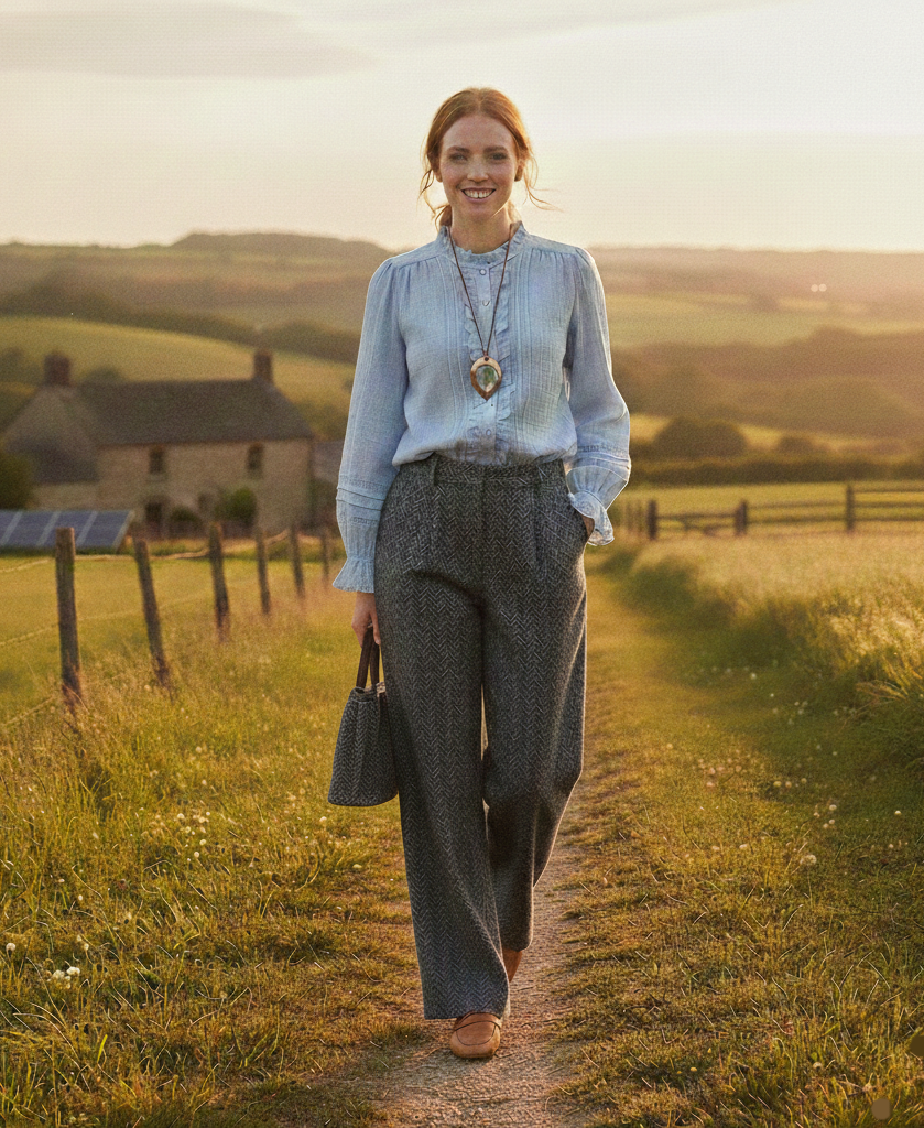 Blusa de algodón 100% azul cielo con volantes · Cuello romántico